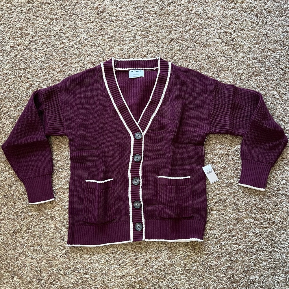 Old Navy Purple Cardigan Sweater with V-Neck and White Trim